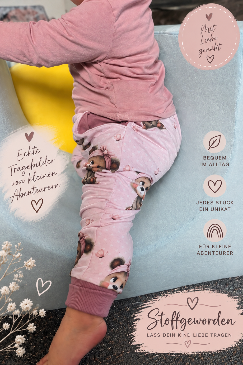 Pumphose „Sarah“ – Kleine Bärenliebe in zartem Rosa