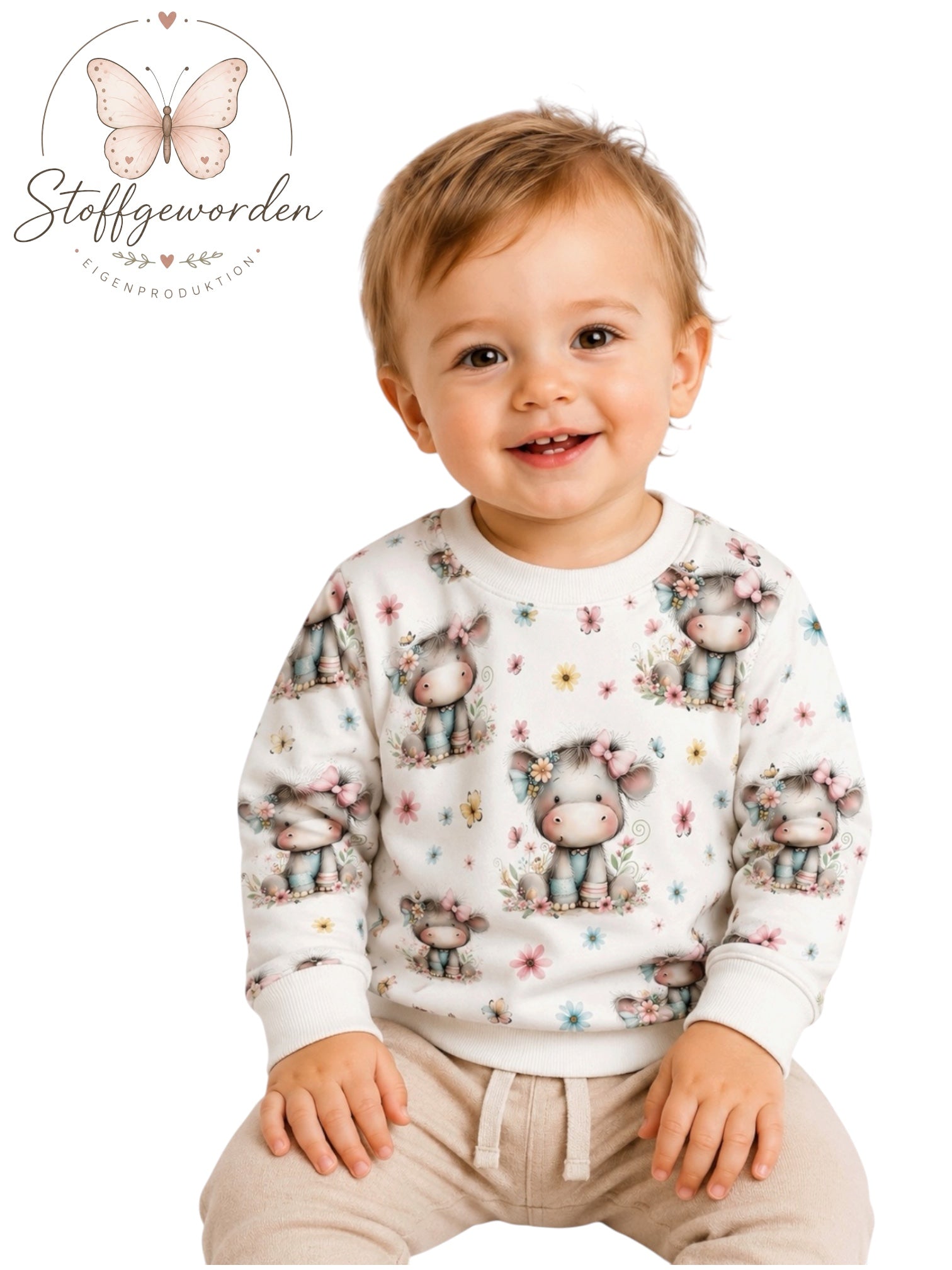 Handgemachter Kinderpullover „Kleines Blumen- Nilpferd“