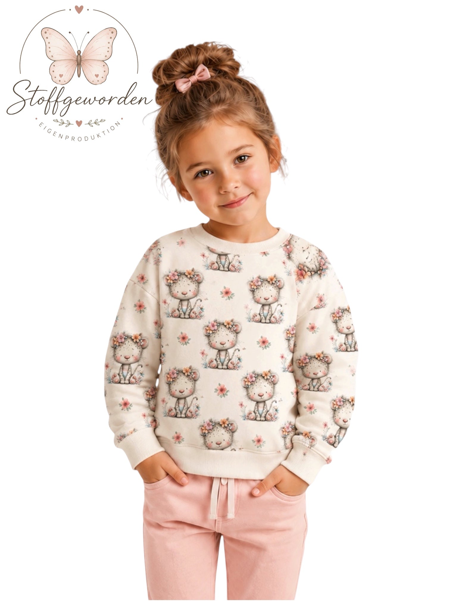 Handgemachter Kinderpullover „Kleines Blumen Leoparden-Babykätzchen“