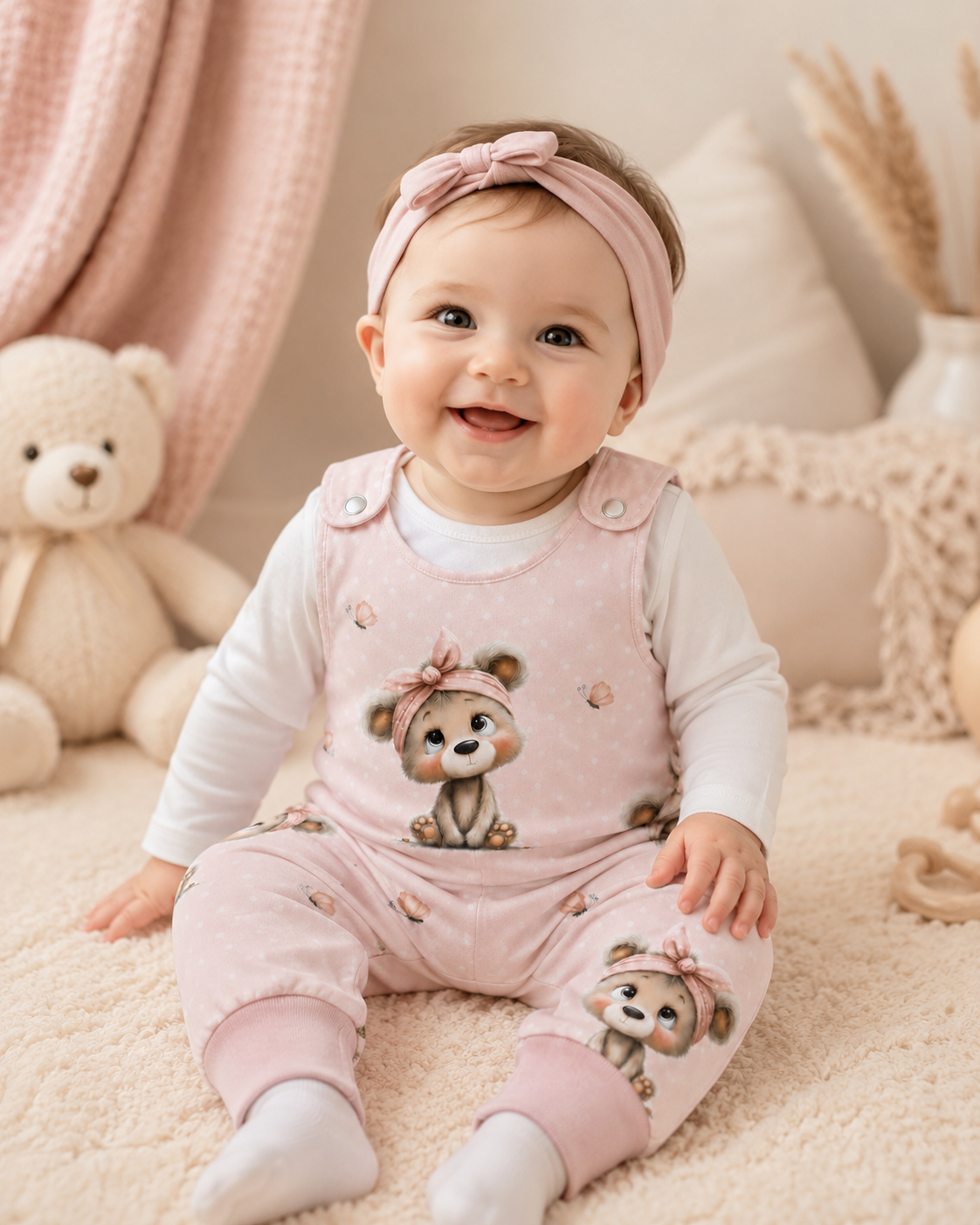 Kleiner Entdecker Romper – Rosa Teddy mit Stirnband