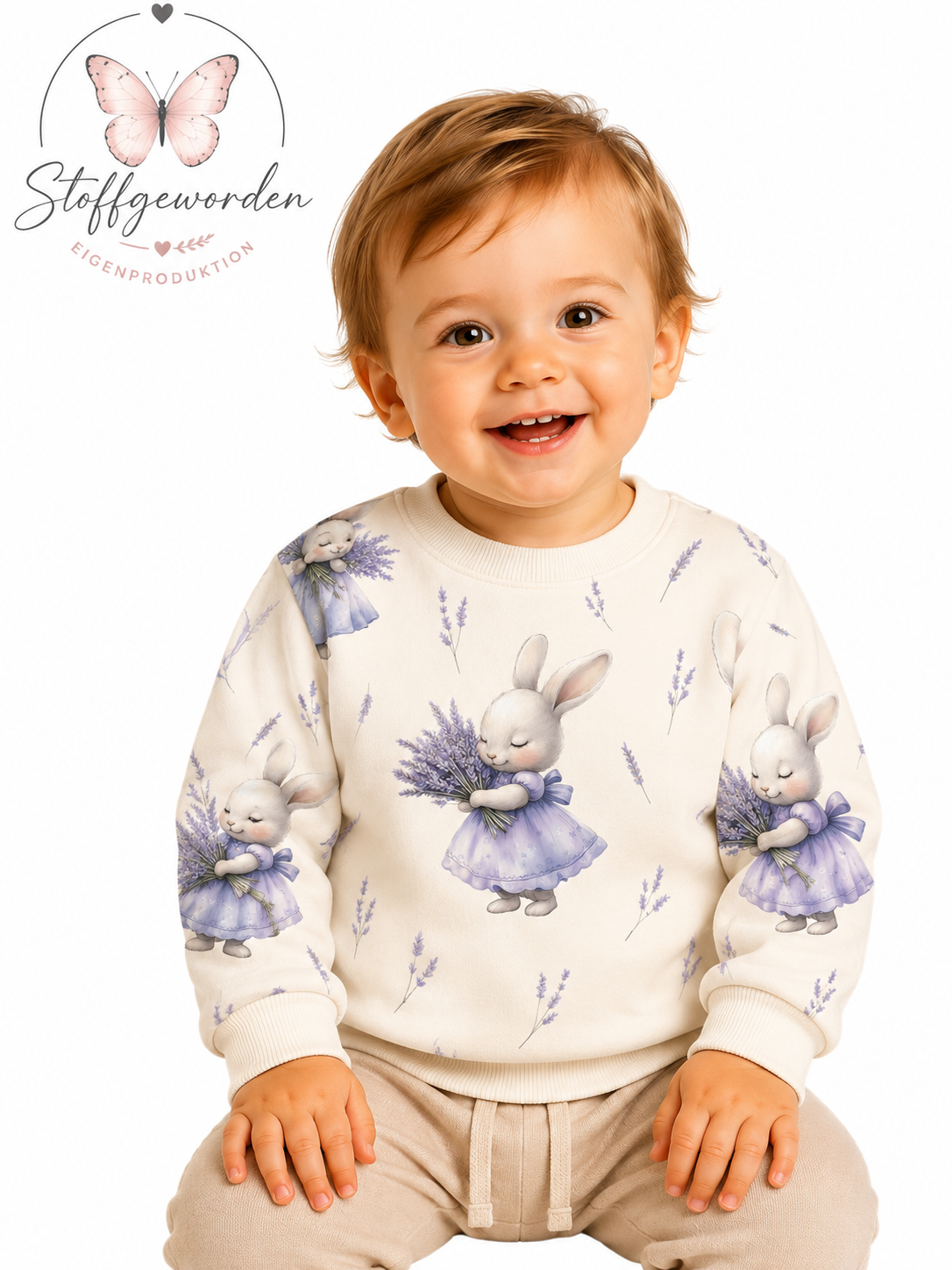 Handgemachter Kinderpullover „Kleiner Lavendel- Hase“
