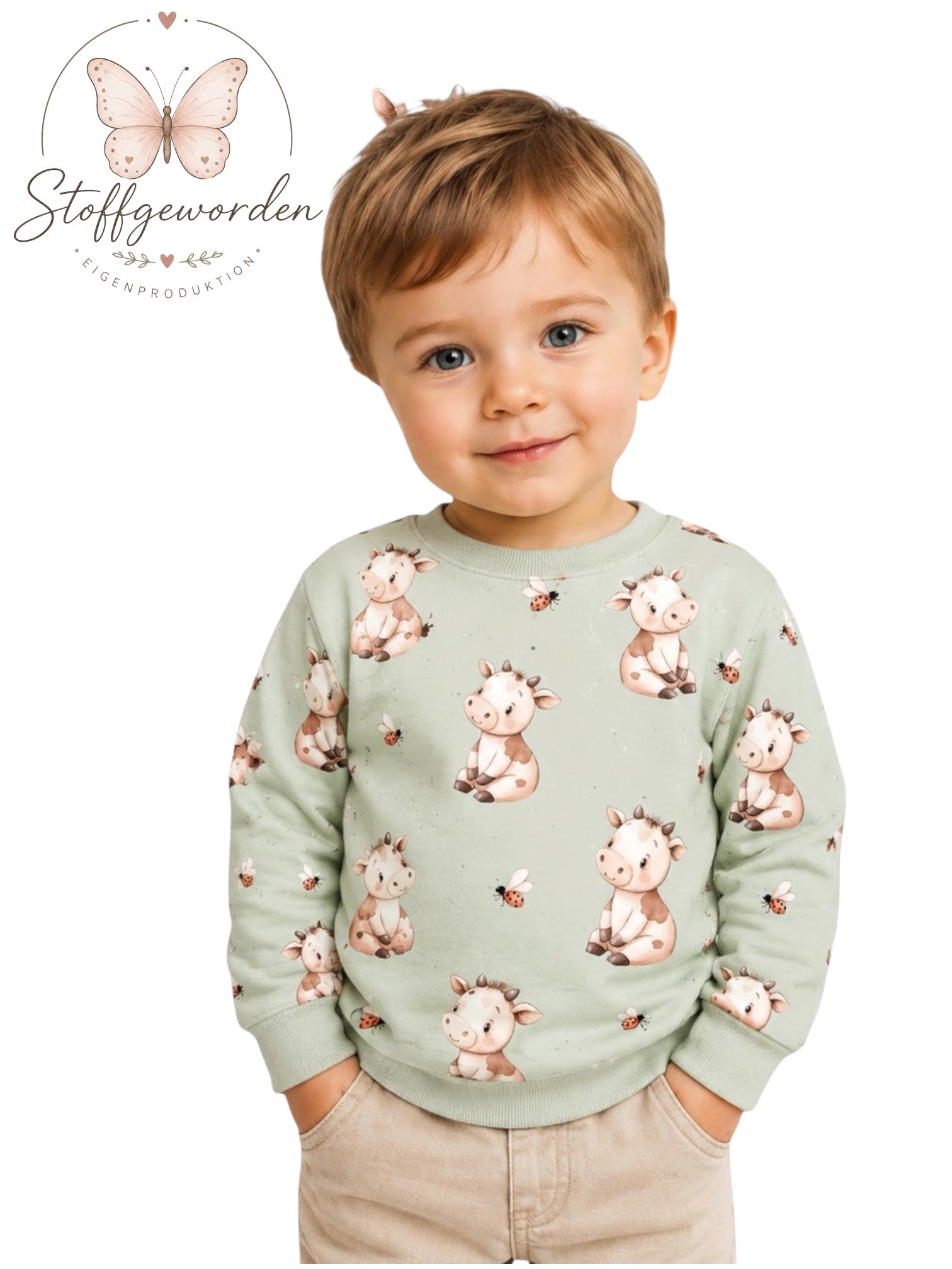 Handgemachter Kinderpullover „Kleines Kälbchen mit Marienkäfer“
