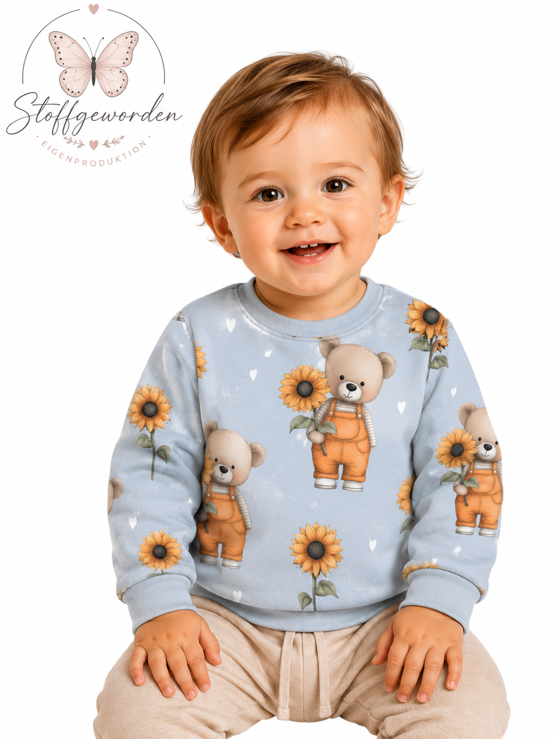 Handgemachter Kinderpullover „Kleiner Teddy mit Sonnenblume“