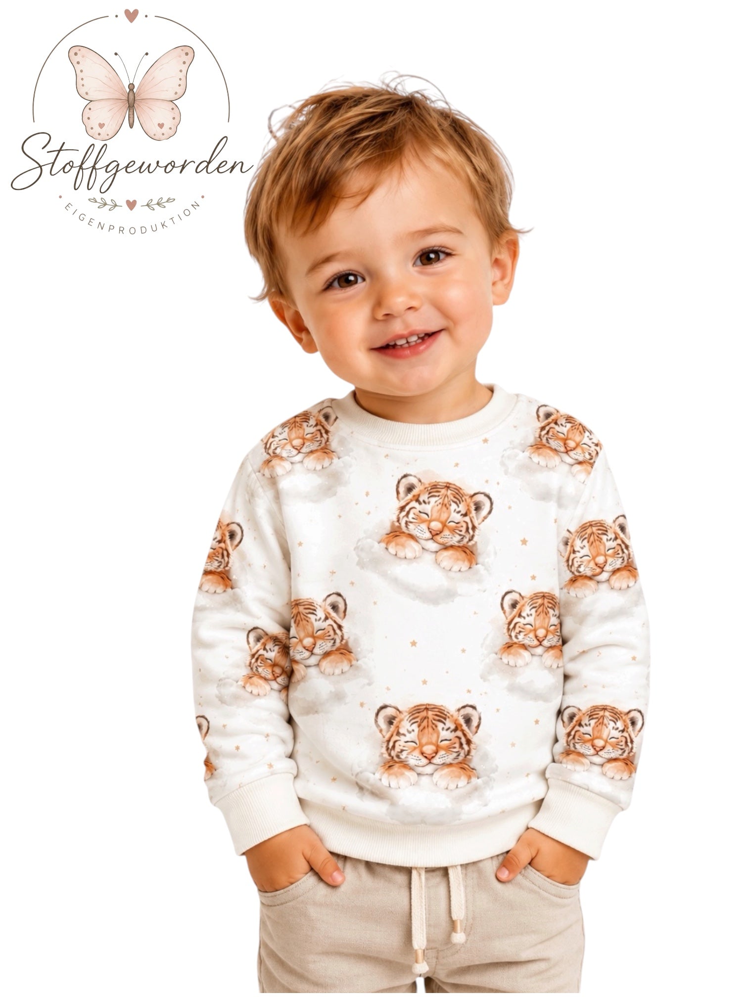 Handgemachter Kinderpullover „Kleiner Schlaf-Tiger auf Wolken“