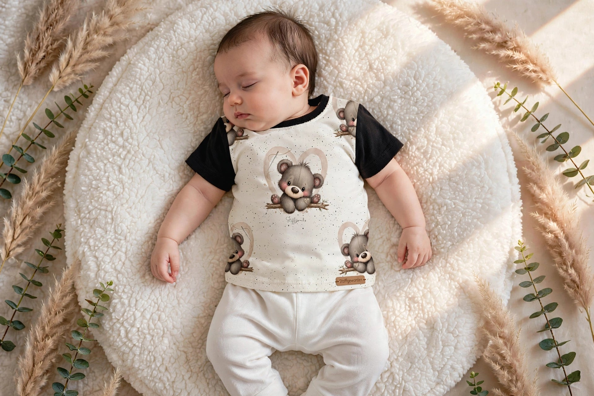 Baby und Kinder-T-Shirt „Kleiner Herzensbär“ mit schwarzen Ärmel